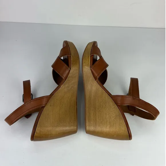 Madewell Women's 10 Wooden Wedge Wylie Sandals Distressed Leather Brown/Cognac