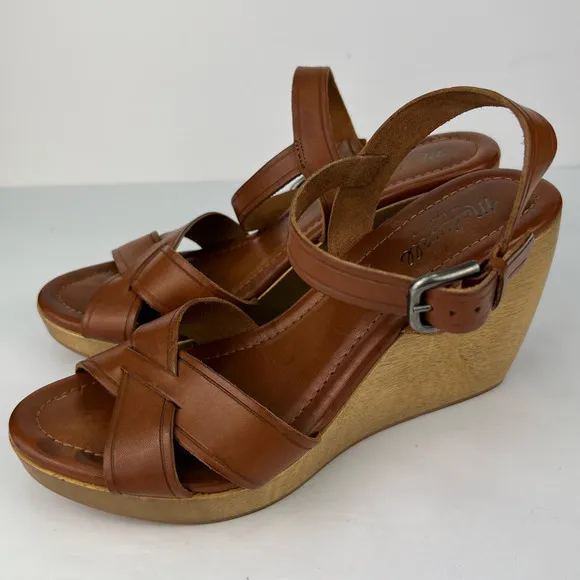 Madewell Women's 10 Wooden Wedge Wylie Sandals Distressed Leather Brown/Cognac