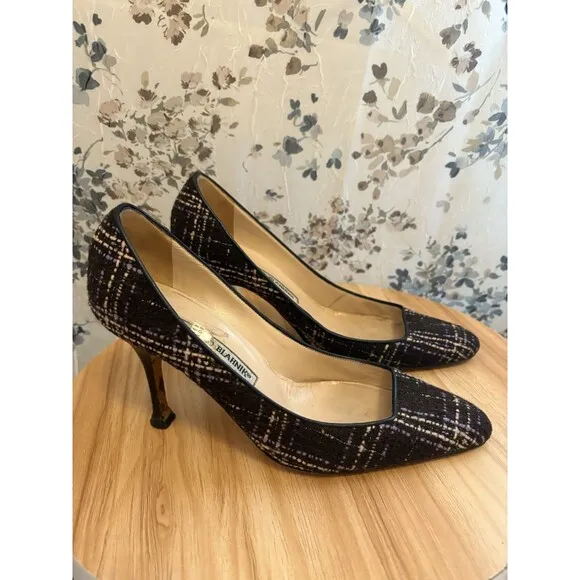 Manolo Blahnik BB Tweed Pumps Heels Black Purple Pink Shoes Size 36 Pre-owned