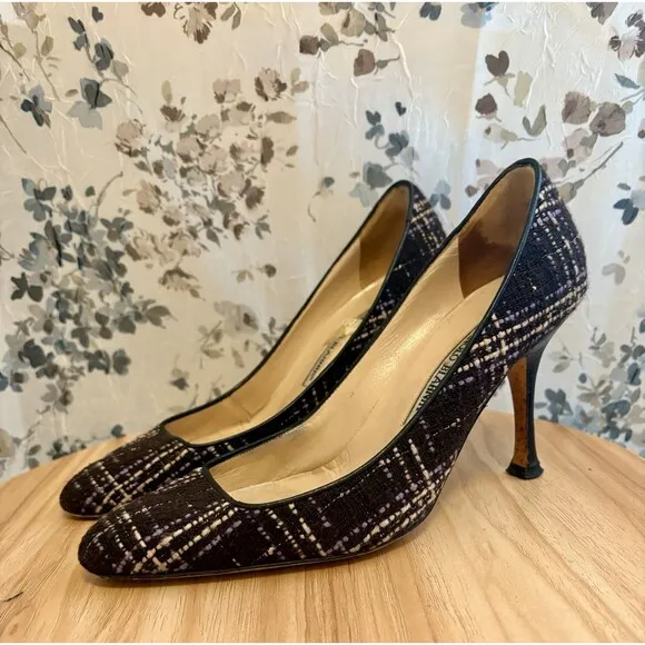 Manolo Blahnik BB Tweed Pumps Heels Black Purple Pink Shoes Size 36 Pre-owned
