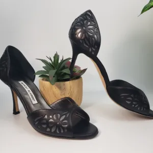 Manolo Blahnik Black Leather Silver Tooled sz 39 / 8 / 8.5