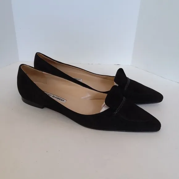 Manolo Blahnik black suede pointy toe flats shoes