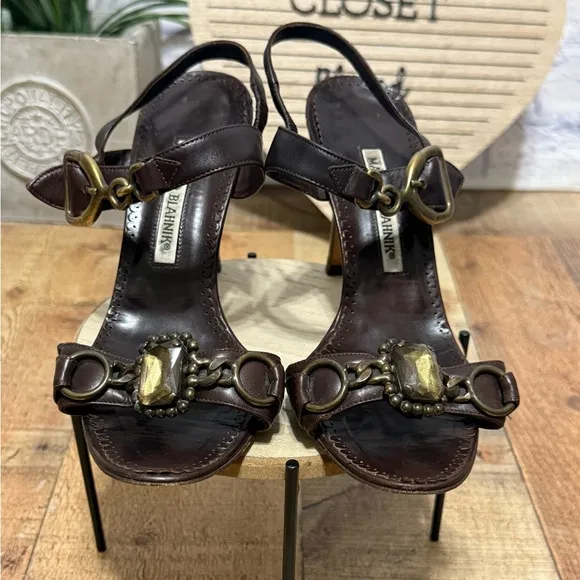 Manolo Blahnik brown leather high heel sandals