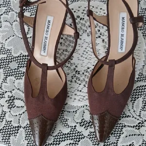 Manolo Blahnik Brown T-Strap Heels with Textured Toe