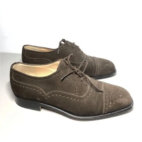 Manolo Blahnik Brown Suede Leather Cap Toe Oxfords Lace Up Dress Shoes Men Sz 7M