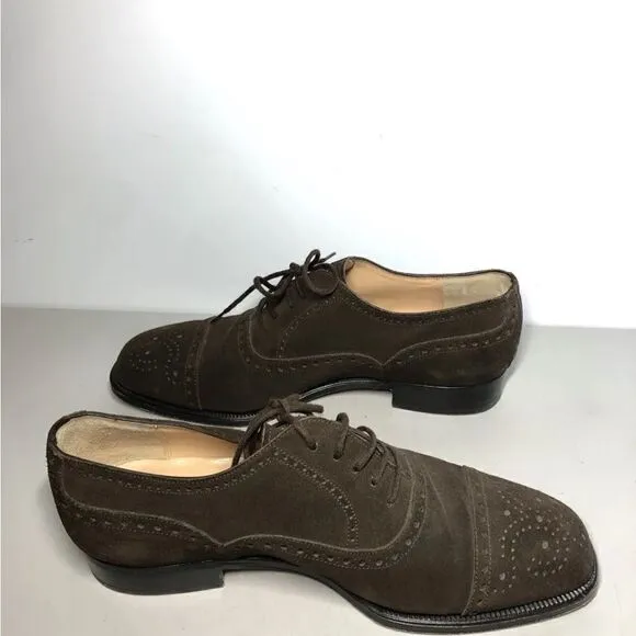 Manolo Blahnik Brown Suede Leather Cap Toe Oxfords Lace Up Dress Shoes Men Sz 7M