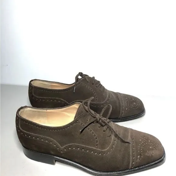 Manolo Blahnik Brown Suede Leather Cap Toe Oxfords Lace Up Dress Shoes Men Sz 7M