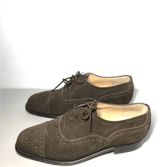 Manolo Blahnik Brown Suede Leather Cap Toe Oxfords Lace Up Dress Shoes Men Sz 7M