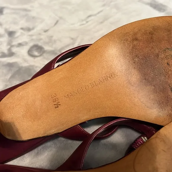 Manolo Blahnik Leather Maroon Sandal Heel Turquoise/Rainbow Bead Detail