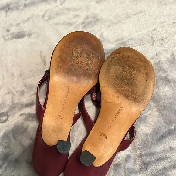Manolo Blahnik Leather Maroon Sandal Heel Turquoise/Rainbow Bead Detail