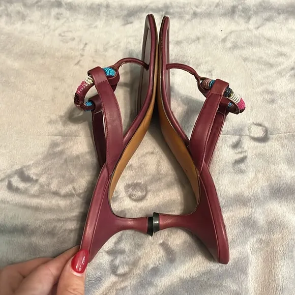 Manolo Blahnik Leather Maroon Sandal Heel Turquoise/Rainbow Bead Detail
