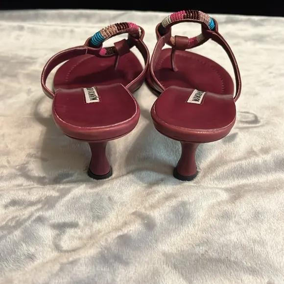 Manolo Blahnik Leather Maroon Sandal Heel Turquoise/Rainbow Bead Detail