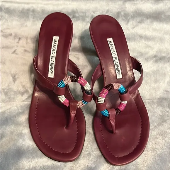 Manolo Blahnik Leather Maroon Sandal Heel Turquoise/Rainbow Bead Detail