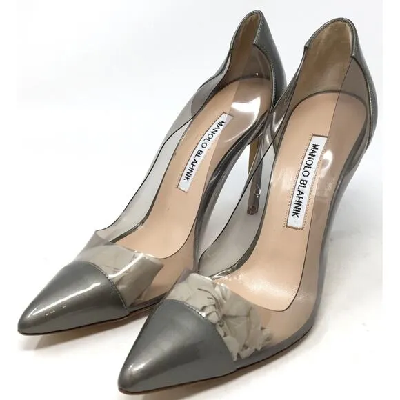 Manolo Blahnik Pacha Women's Size 37/7 Gray Patent Leather Clear PVC Pump Shoes