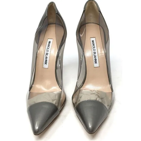 Manolo Blahnik Pacha Women's Size 37/7 Gray Patent Leather Clear PVC Pump Shoes