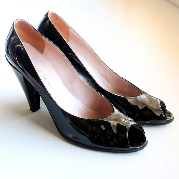 Marc Jacobs Black Patent Leather Peep Toe Heels / Pumps / Formal Dressy Shoes