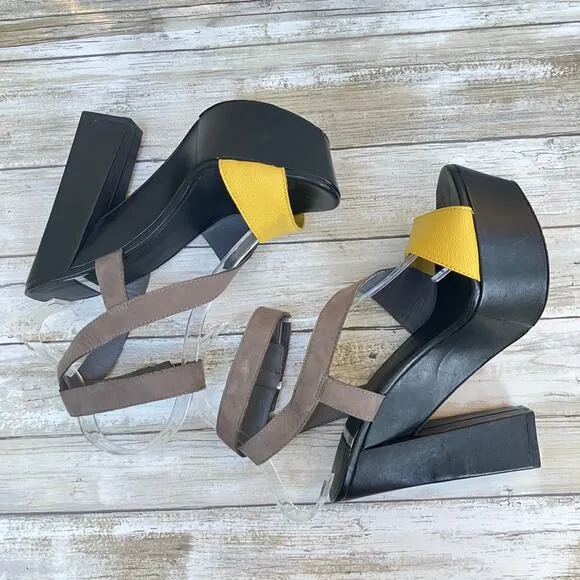 Marciano Shoes Sz 7.5 Yellow Black Platform Wedge Padded Chunky High Heel