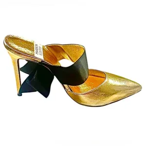 Markin Ryyppy Markinryyppy MetallicGold Mule Heels Shoes Black Ribbon Accent 7