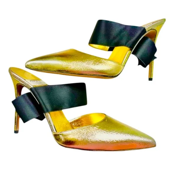 Markin Ryyppy Markinryyppy MetallicGold Mule Heels Shoes Black Ribbon Accent 7