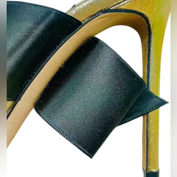 Markin Ryyppy Markinryyppy MetallicGold Mule Heels Shoes Black Ribbon Accent 7