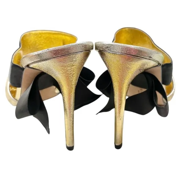 Markin Ryyppy Markinryyppy MetallicGold Mule Heels Shoes Black Ribbon Accent 7