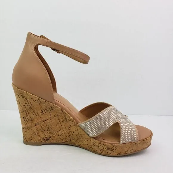 Material Girl Bretta Womens Size 9.5 Nude Bling Open Toe Cork Wedge Sandal Shoes