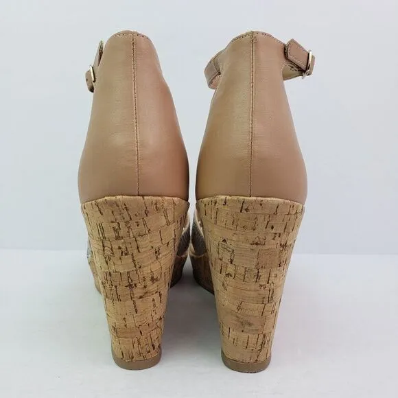 Material Girl Bretta Womens Size 9.5 Nude Bling Open Toe Cork Wedge Sandal Shoes
