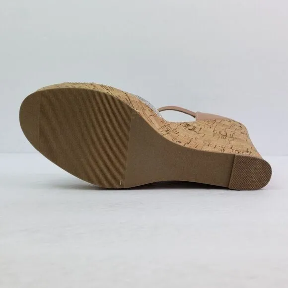 Material Girl Bretta Womens Size 9.5 Nude Bling Open Toe Cork Wedge Sandal Shoes