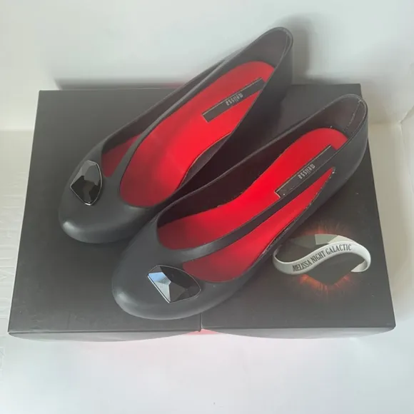 Melissa Night Galactic Crystalized Swarowski Element Rubber Black Flats Shoes