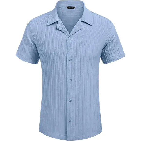 Men's Blue Casual Short Sleeve Button Down Textured Beach Shirts