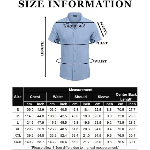Men's Blue Casual Short Sleeve Button Down Textured Beach Shirts
