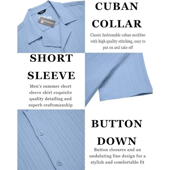 Men's Blue Casual Short Sleeve Button Down Textured Beach Shirts