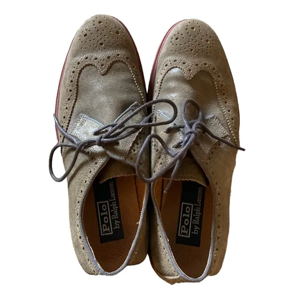 Men’s Polo By Ralph Lauren Mossy Green Wing Tipped Leather Dress Shoes. Size 8.