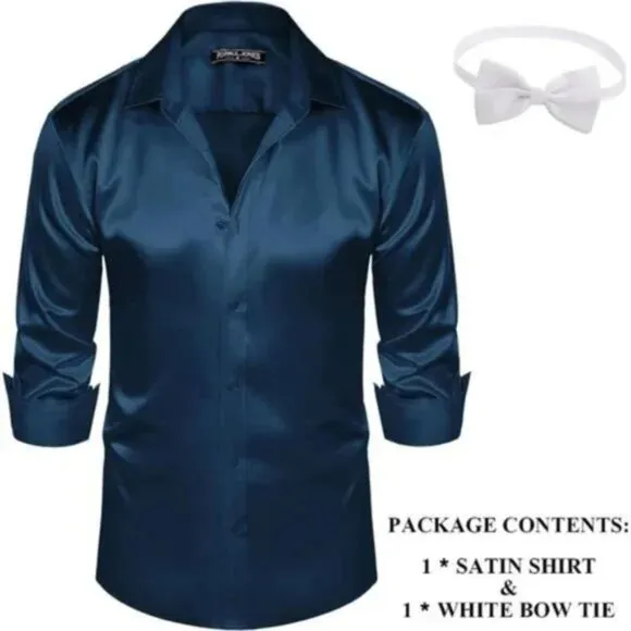 Men's Shiny Satin Shirts Long Sleeve Navy Blue Dress Shirt