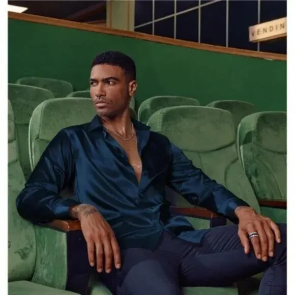 Men's Shiny Satin Shirts Long Sleeve Navy Blue Dress Shirt