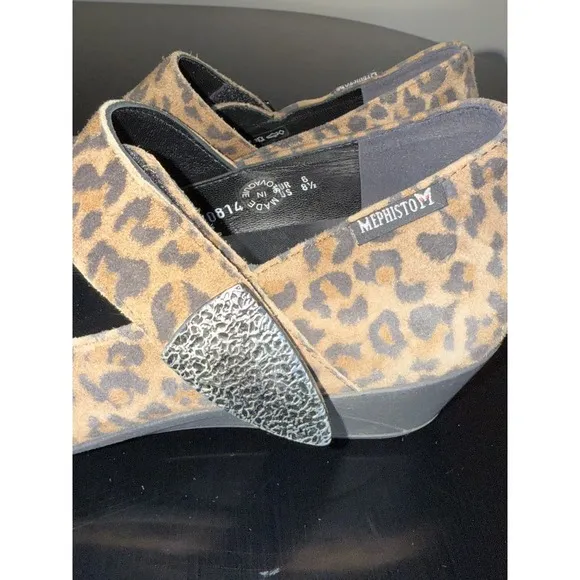 MEPHISTO Kimona Mary Jane Wedge Pumps Shoes leopard Print Suede Size 8.5  8 1/2