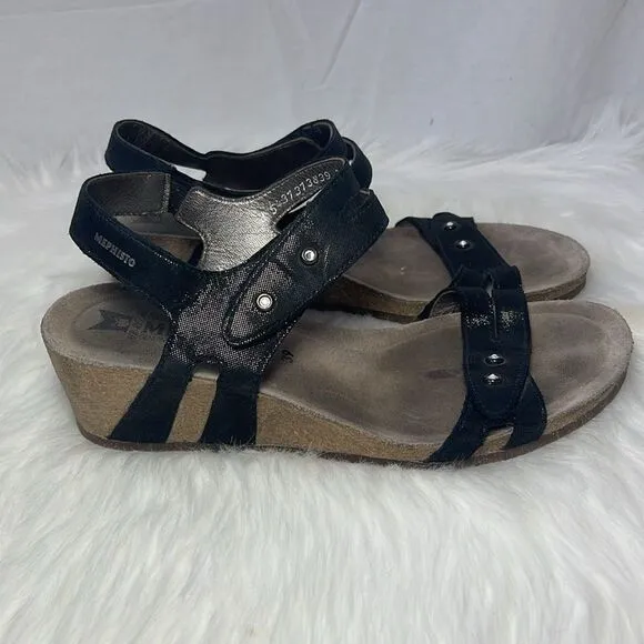 Mephisto Minos Black Rhinestone Trim Strappy Wedge Sandals Sz 39/US 9