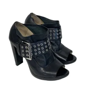 Michael Kors Black Leather Peep-Toe Heeled Booties With Buckle Strap Accents 8M