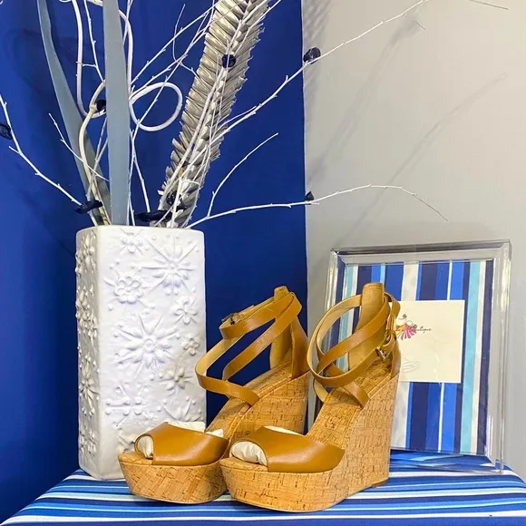 Michael Kors brown cork platform wedge strappy ankle high heel sandals Sz 10
