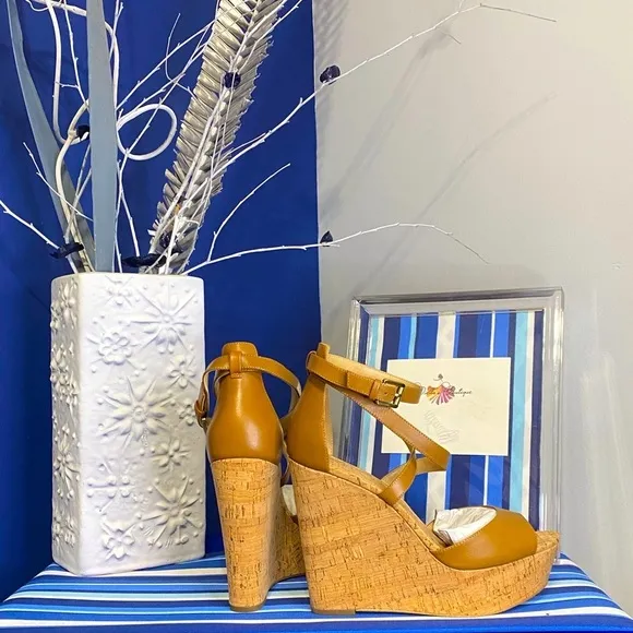 Michael Kors brown cork platform wedge strappy ankle high heel sandals Sz 10