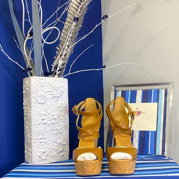 Michael Kors brown cork platform wedge strappy ankle high heel sandals Sz 10