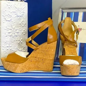Michael Kors brown cork platform wedge strappy ankle high heel sandals Sz 10