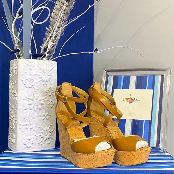 Michael Kors brown cork platform wedge strappy ankle high heel sandals Sz 10