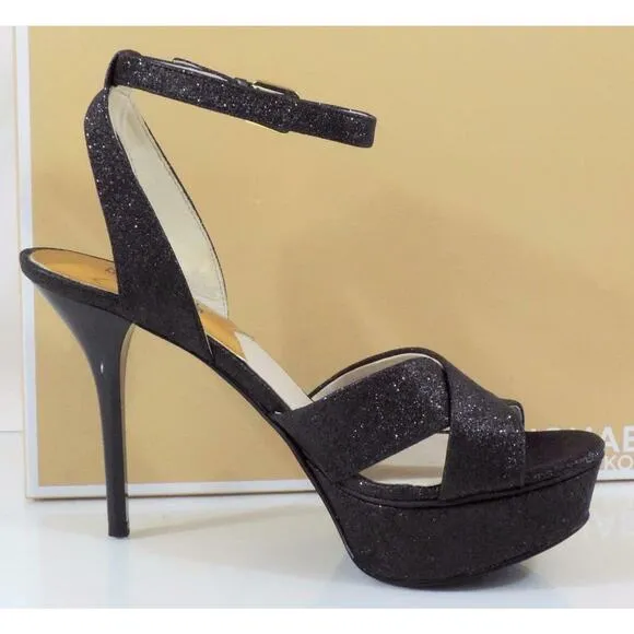 Michael Kors Gideon Sandal Platform High Heels Black Glitter Sparkle Size 8.5