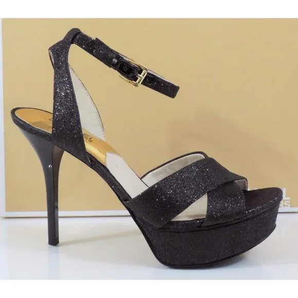 Michael Kors Gideon Sandal Platform High Heels Black Glitter Sparkle Size 8.5