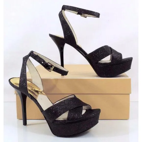 Michael Kors Gideon Sandal Platform High Heels Black Glitter Sparkle Size 8.5