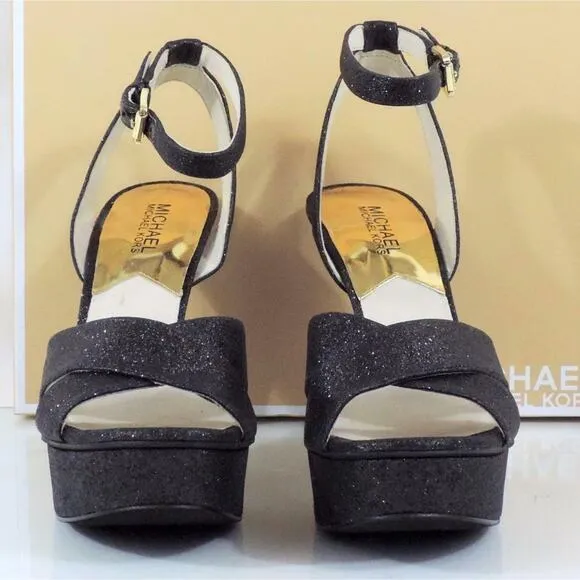 Michael Kors Gideon Sandal Platform High Heels Black Glitter Sparkle Size 8.5