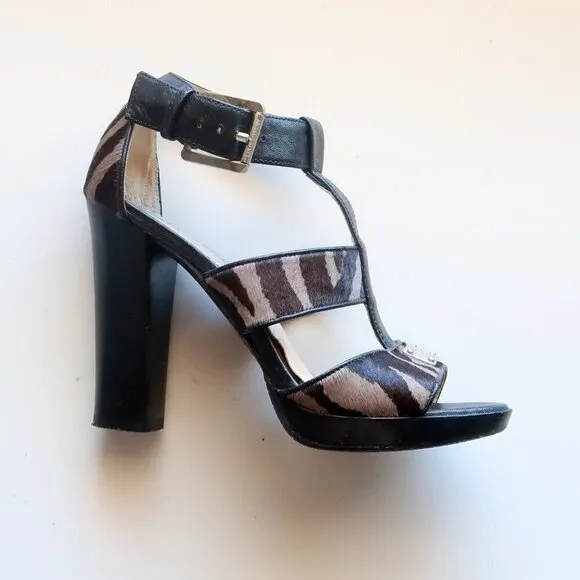 Michael Kors Zebra / Animal Pony / Calf Hair Ankle Strap Heels Sandals Shoes 7