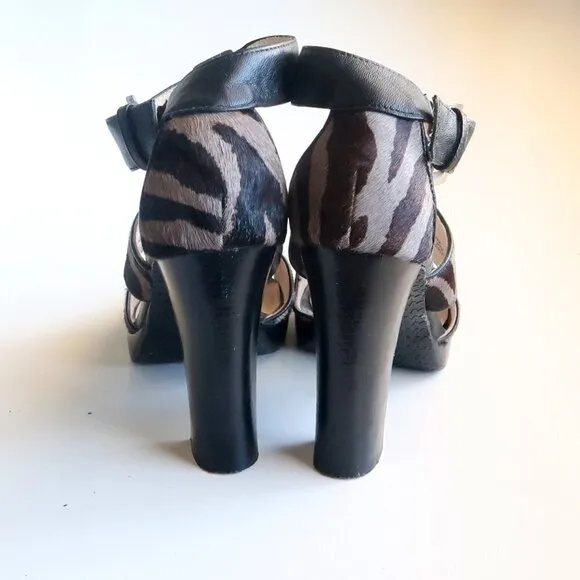 Michael Kors Zebra / Animal Pony / Calf Hair Ankle Strap Heels Sandals Shoes 7