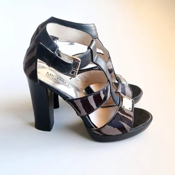 Michael Kors Zebra / Animal Pony / Calf Hair Ankle Strap Heels Sandals Shoes 7
